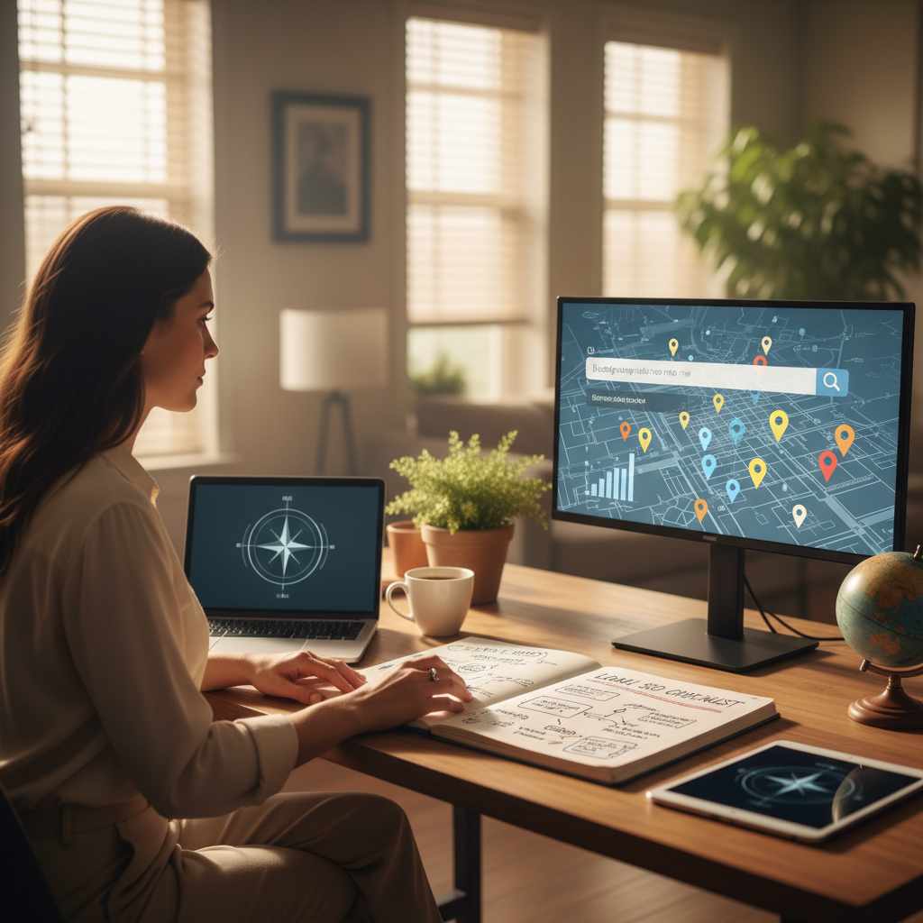 Step-by-step guide illustrating keyword research for local businesses, showing tools and strategies for effective local SEO.